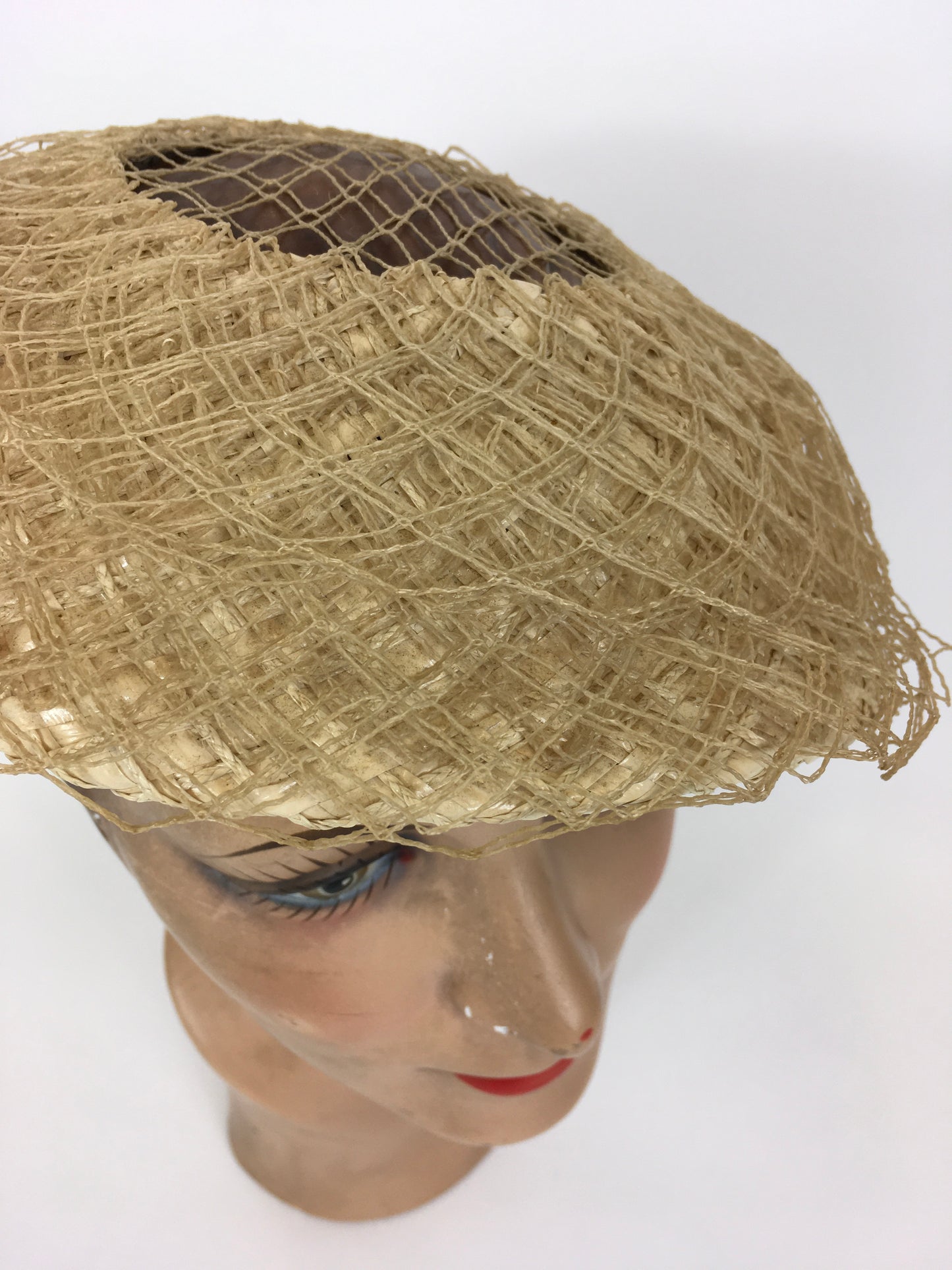 Original Late 1940’s Early 1950’s Straw & Raffia Overlay Cream Hat - An Iconic Staple Piece For A Collection