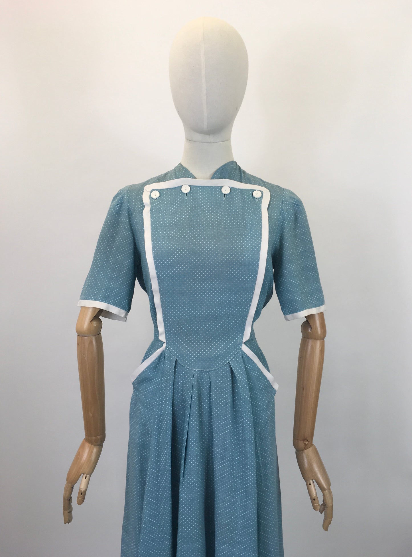 Original 1940's Stunning CC41 Utility Day Dress - In A Darling Duck Egg Blue Polka Dot