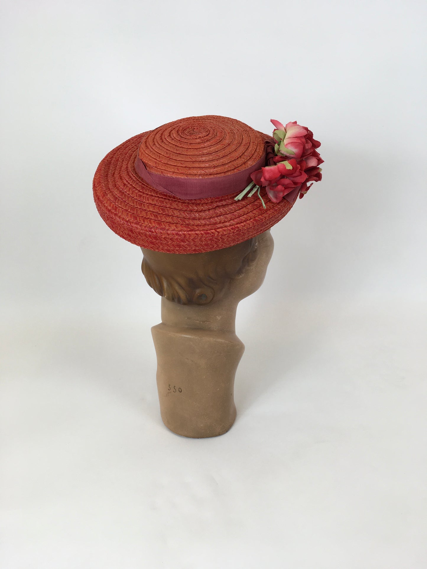 Original 1940’s Darling Straw Hat - In Coral & Red Adorned with Millinery Flora
