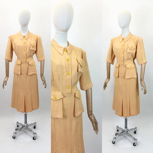 Original 1940's Gorgeous Moygashol Linen Dress - In An Apricot Polka Dot With Yellow Buttons