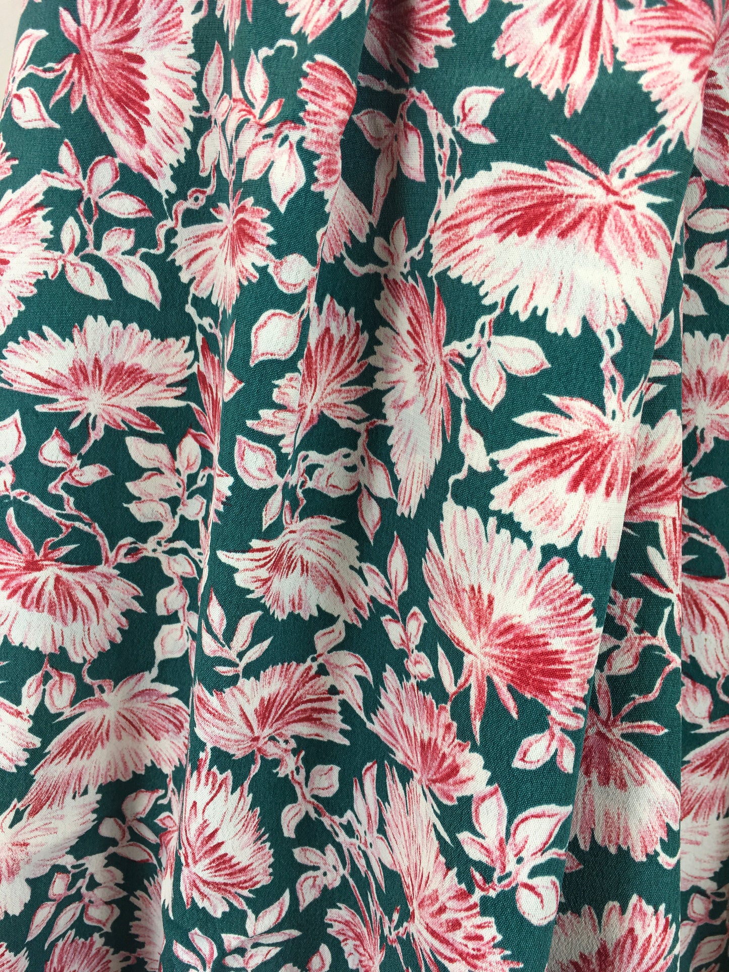 Original 1940’s Rayon Crepe Fabric - In A Jade Green and Deep Wine Floral 1.2 Metres
