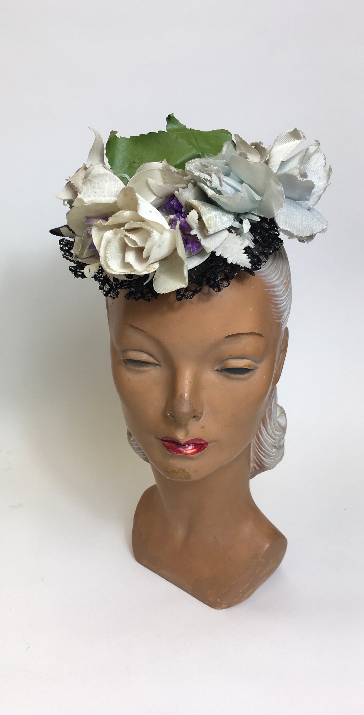 Original 1940’s Floral Tilt Hat - Beautiful Floral Adornments in Powder Blues , Purples & Ivory
