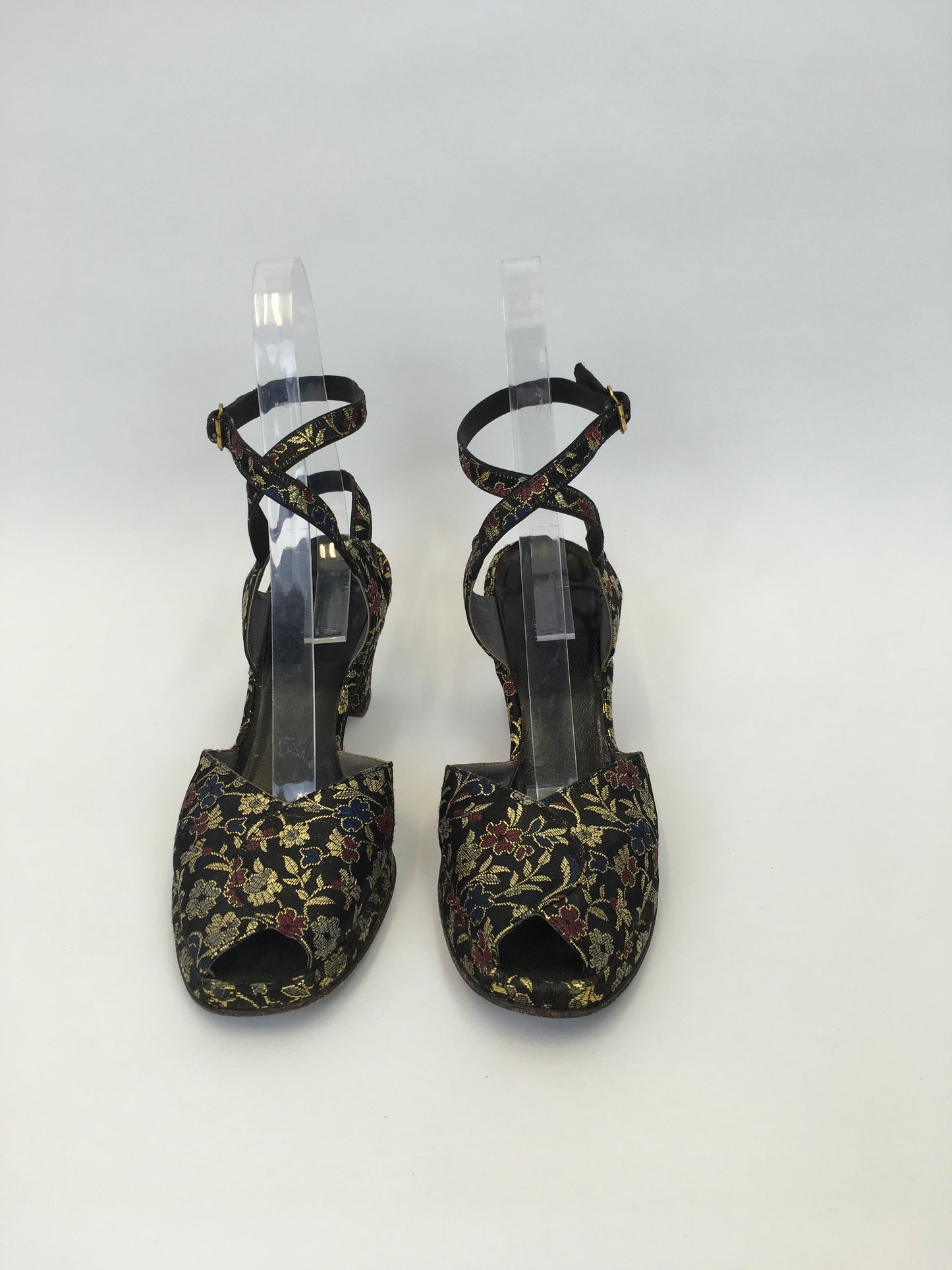 Original 1940s Heeled Sandals In A Beautiful Floral Brocade - Made by The Fabulous ‘ Colella’ American Label