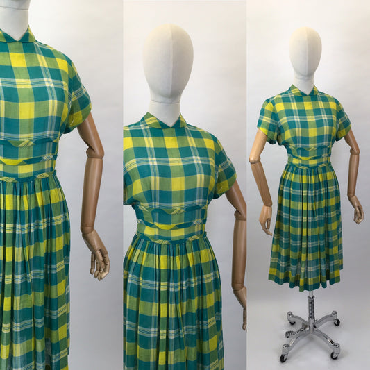 Original Early 1950s Cotton Lawn Day Dress - In a Beautiful Vivid Green and Yellow Plaid