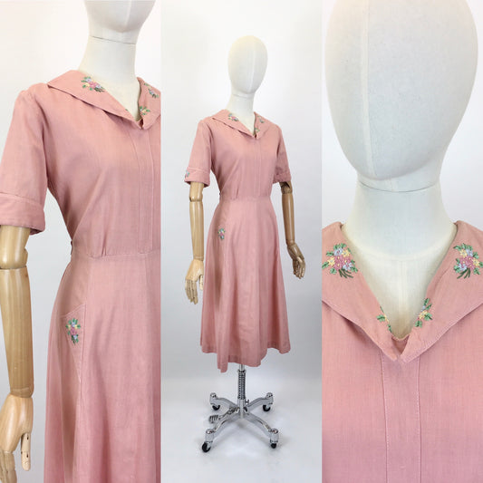 Original 1940’s Darling Powdered Pink Day Dress with Floral Embroidery - A Lovely WarTime Silhouette