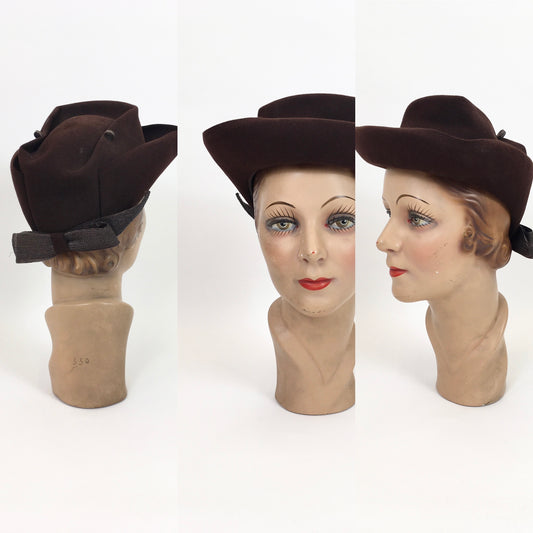 Original 1940's Stunning Hat by ' Lystalite' - In A Dark Chocolate Brown