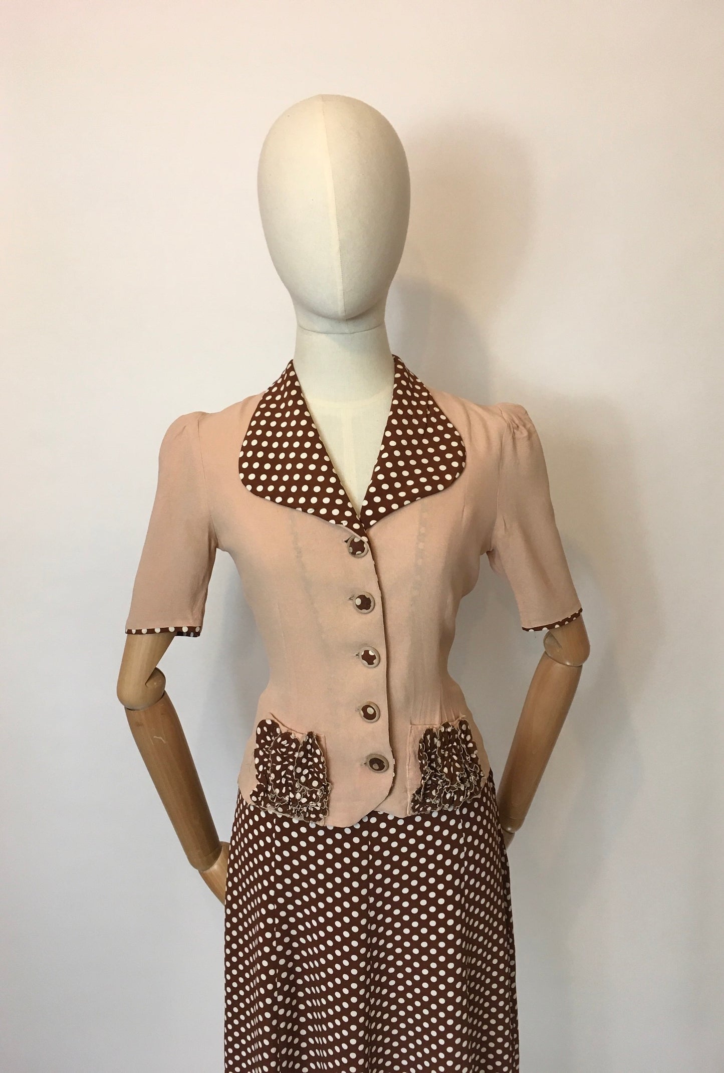 Original 1940’s Darling 2 pc Crepe Suit - In the Most Beautiful Contrast Blush Pink & Brown Polka Dot Crepe