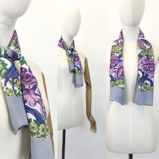 Original 1940's Floral Rayon Scarf - In Rich Purples, Mauves, Yellow & Green