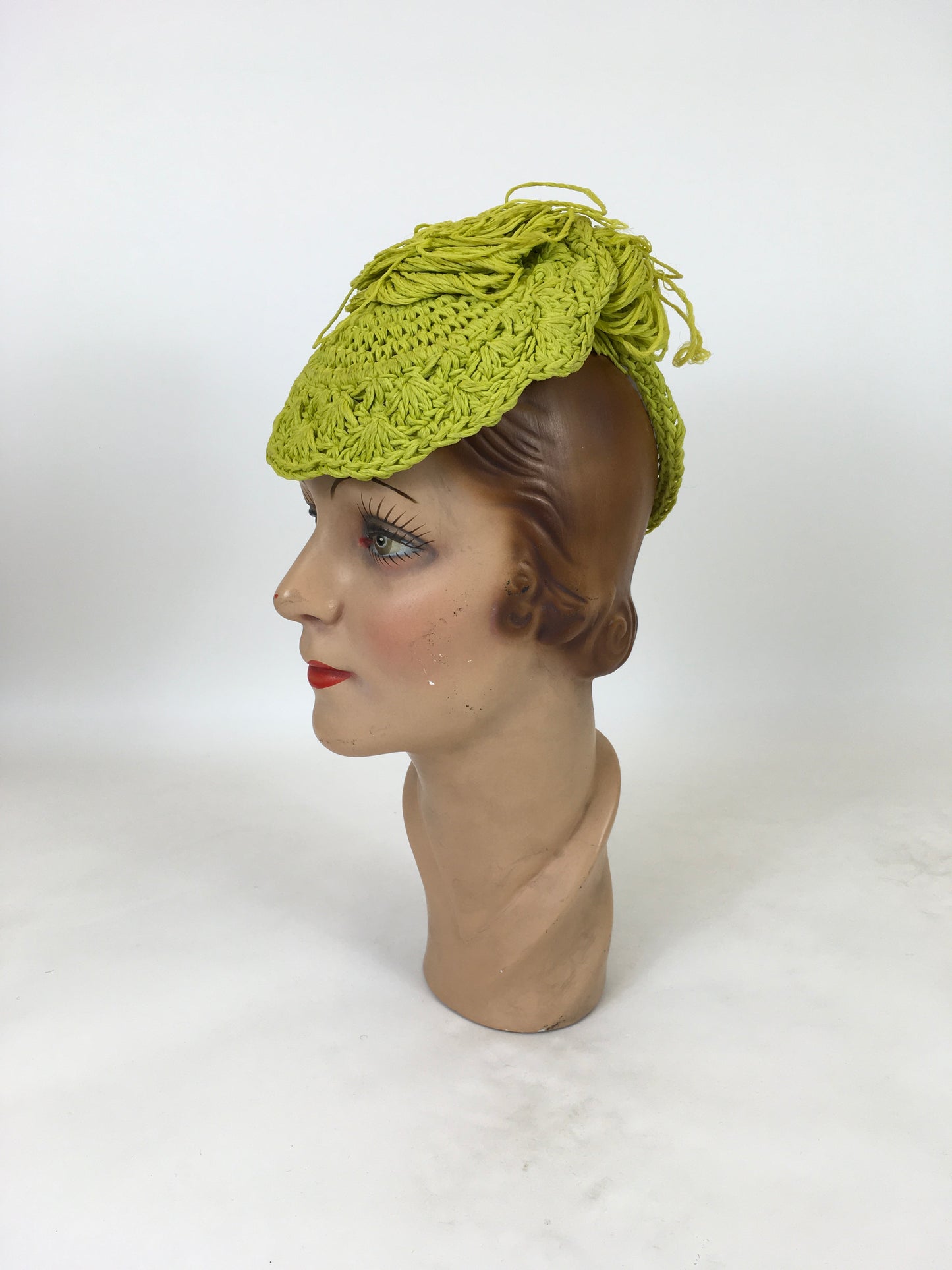 Original 1940's Fabulous Popcorn Crochet Headpiece - In A Sublime Chartreuse