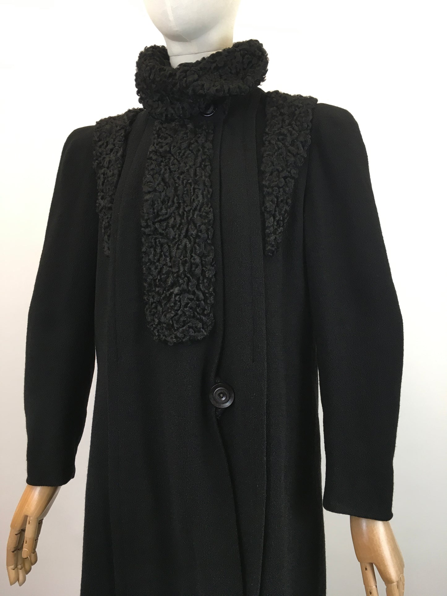 Original 1930's Sensational Black Coat - With Stunning Astrakhan Collar & Yokes