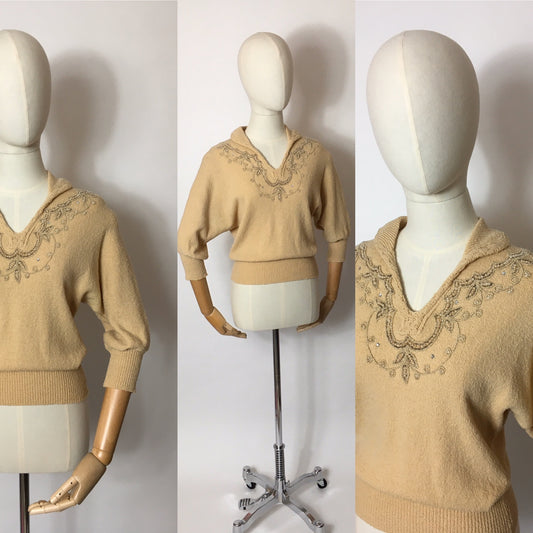 Original 1940’s Knitted Jumper - Adorned with Beautiful Beadwork & Has Dolman Sleeves