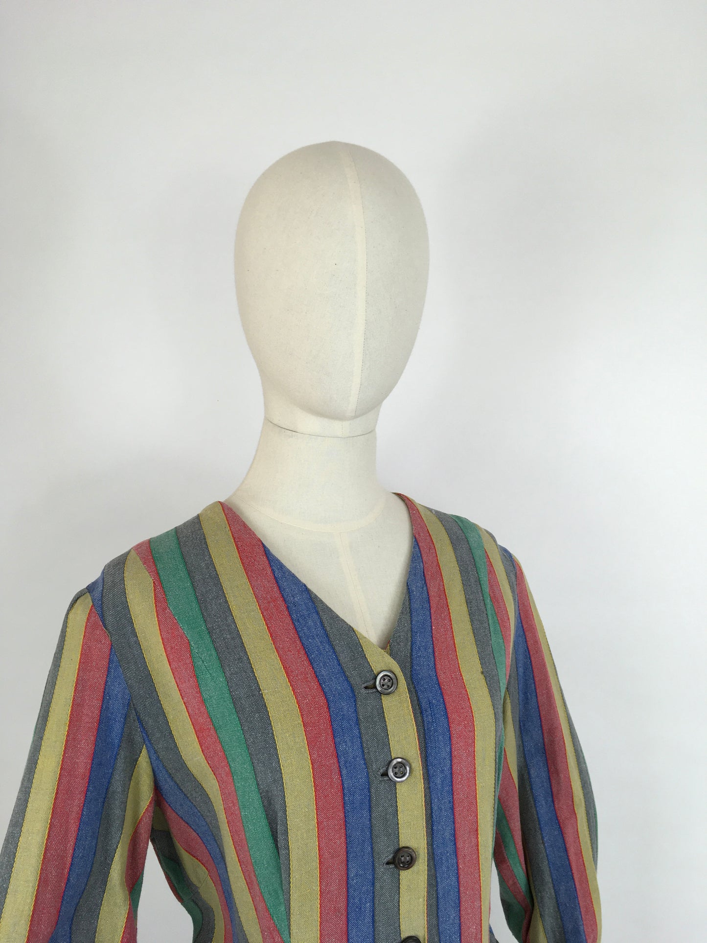 Original Late 1930s Day Dress - In a Fabulous Heavyweight Linen in a Rainbow Stripe with Contrast Chevron Pattern