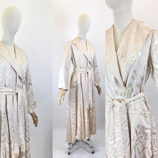 Original 1940’s Stunning Housecoat - In A Cream & Gold Printed Brocade with Tasseled Belt