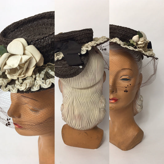 Original Late 1930’s Raffia Tilt Hat with Cream Floral Adornment and Veiling - Festival of Vintage Fashion Show Exclusive