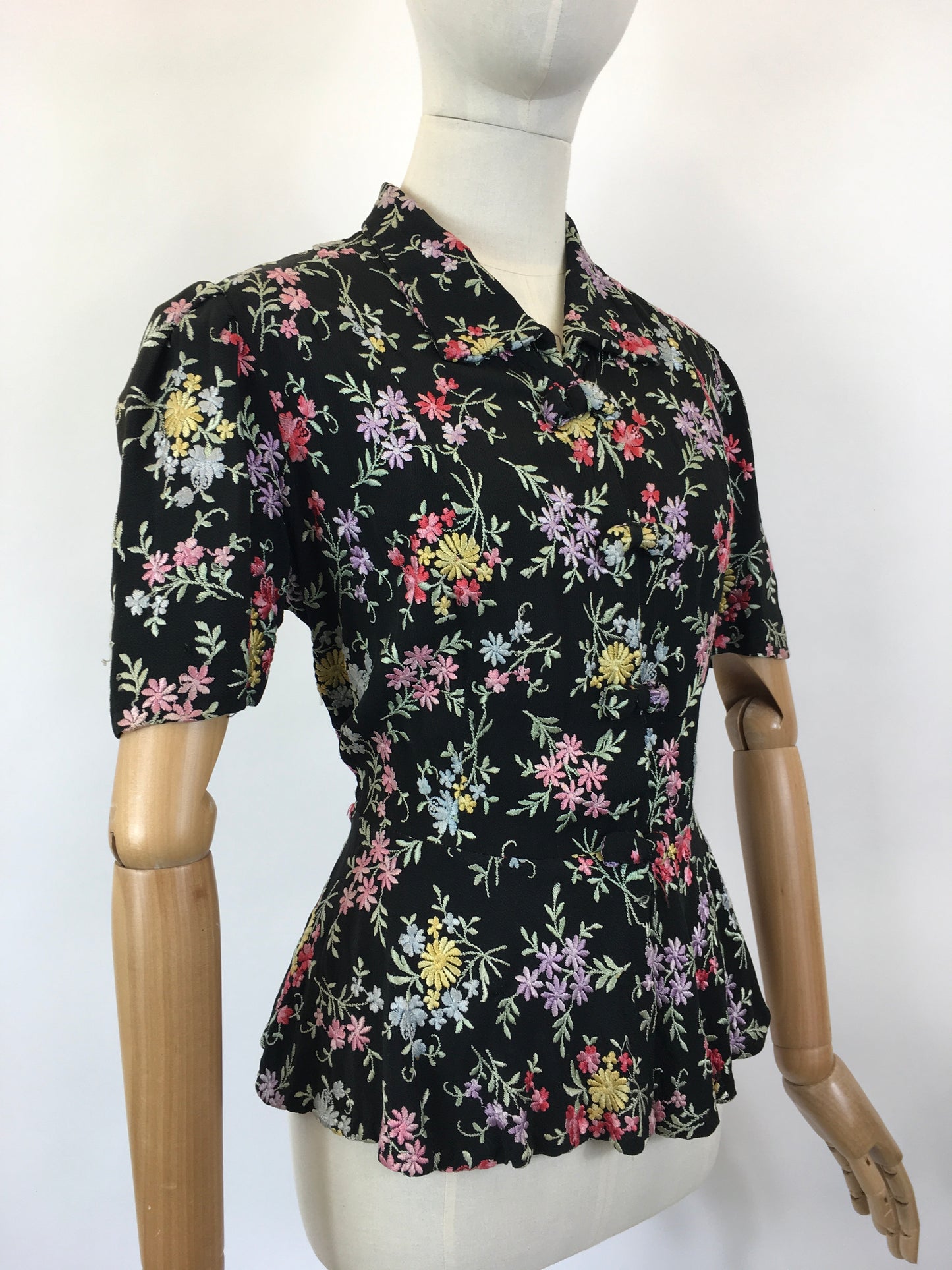 Original 1930’s Black Crepe Embroidered Blouse with Bows - In A Wild Flower Meadow Colour Pallet