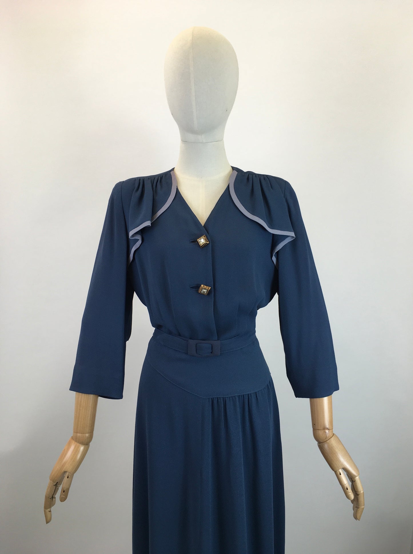 Original 1940's Sublime Two Tone Crepe Dress With Illusion Cape - In Contrast Airforce & Powder Blue