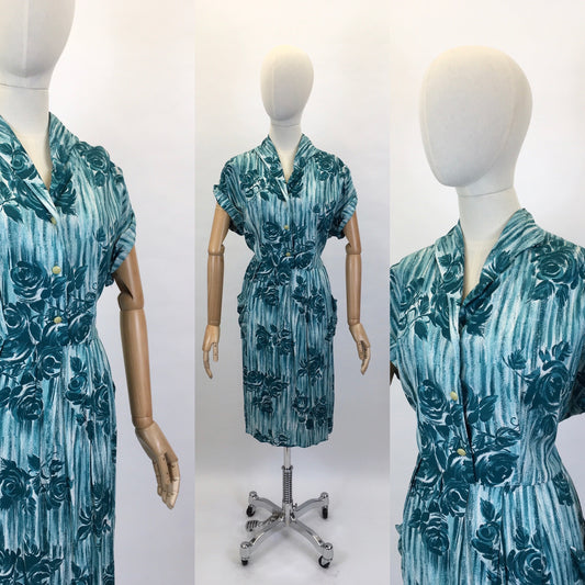 Original 1950’s VOLUP Cotton Day Dress - In A Lovely Rich Teal Colour Floral