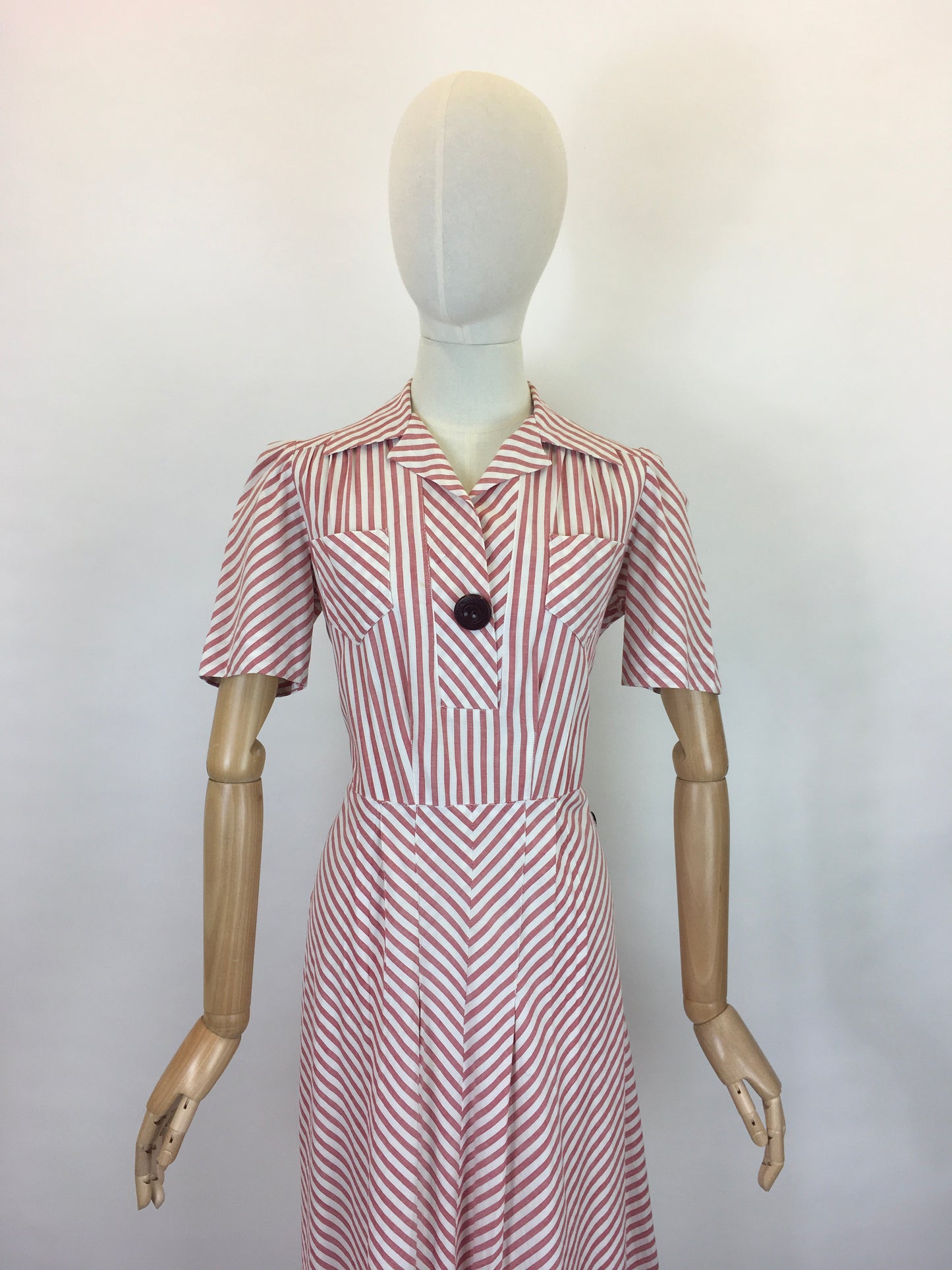 Original 1940s Darling Cotton Day Dress - In A Beautiful Pale Cranberry & White Stripe