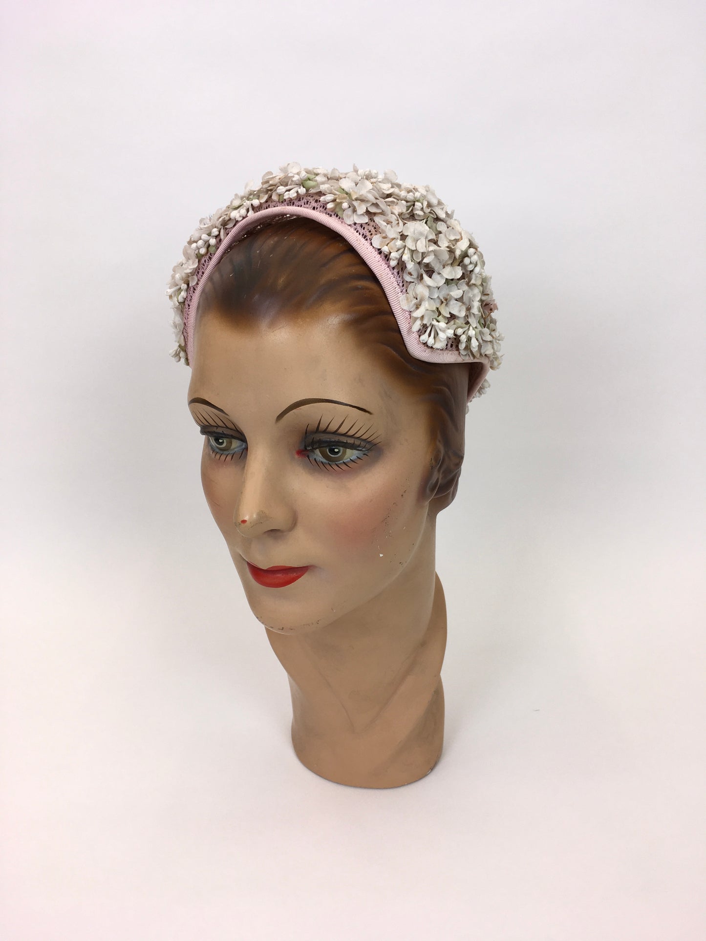 Original 1950s Darling ‘ Marten’ Hat - Made in A Dusky Pink with Ivory Florals and Soft Green Leaves