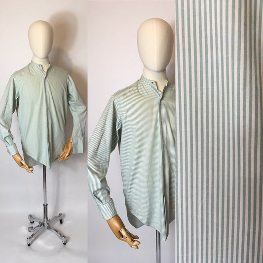 Original Gents Collarless Shirt with Double Cuff - In a Lovely Green and White Stripe