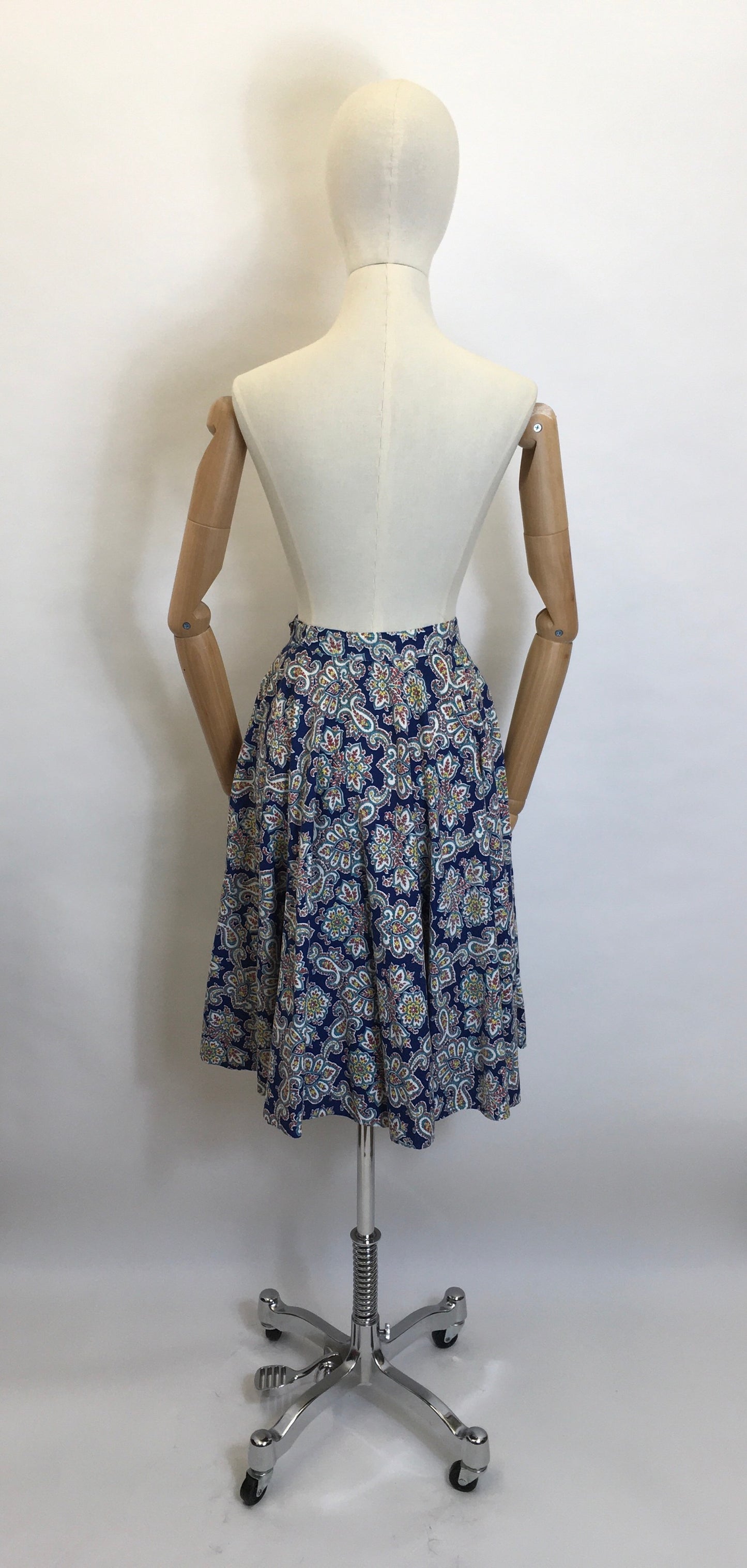 Original 1950's ' St. Michael' Cotton Skirt - Made From A Beautiful Paisley Floral in Blue