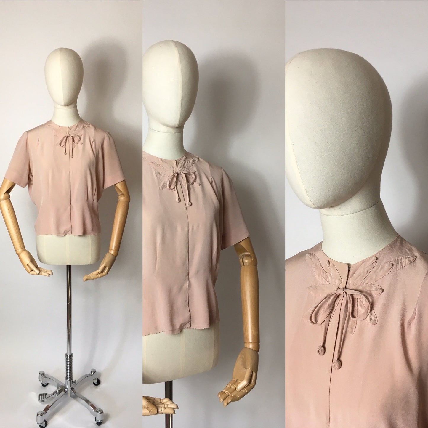 Original 1940’s Crepe Blouse in Blush Pink - Lovely Shaped Detailing to the Neckline