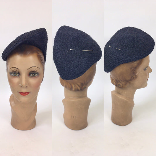 Original 1940's Navy Woven Raffia Hat - In a Sensational Shape with Hat Pin