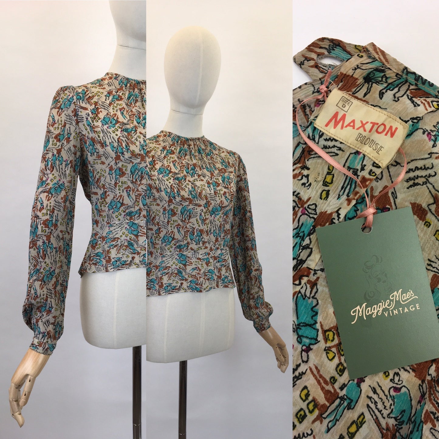 Original 1940’s ‘ Maxton’ Novelty Print Crepe Blouse - Featuring People, Buildings and Scribbles