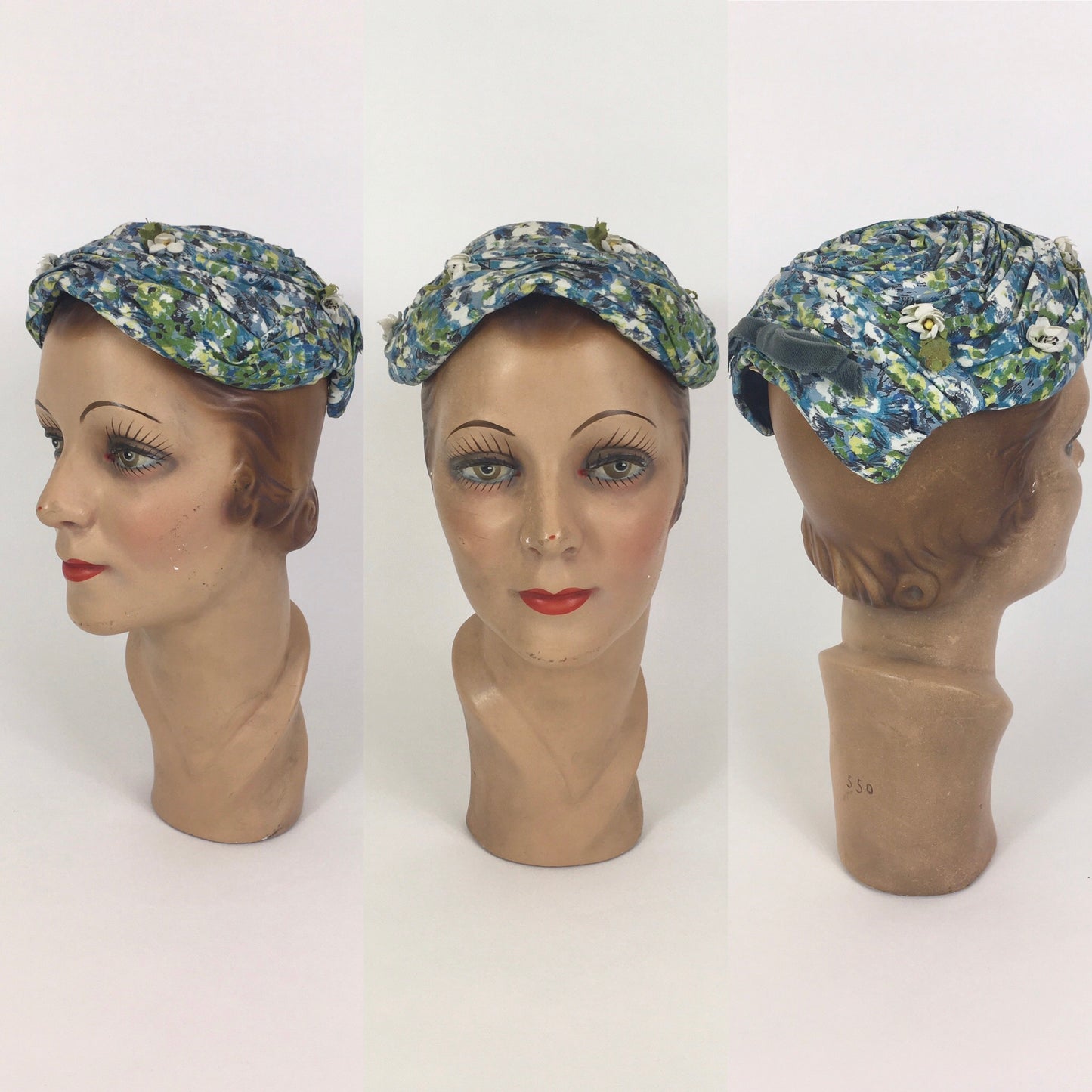 Original 1950’s Darling Floral Headpiece With Flora & Velvet Trim - In Blues, Greens & Ivory