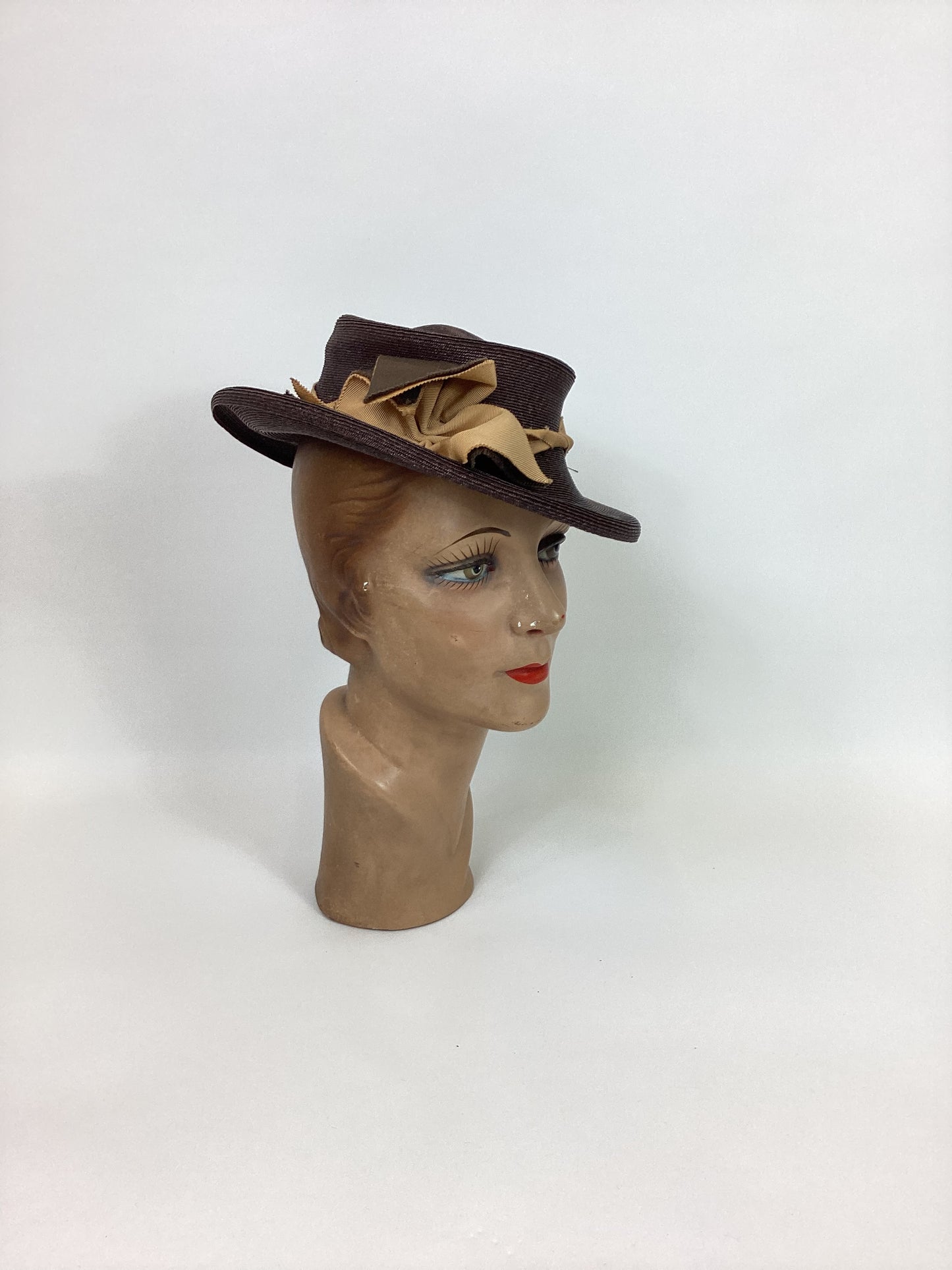 Original 1940’s Stunning Straw Topper Hat - In Chocolate Brown With Grosgrain Trim