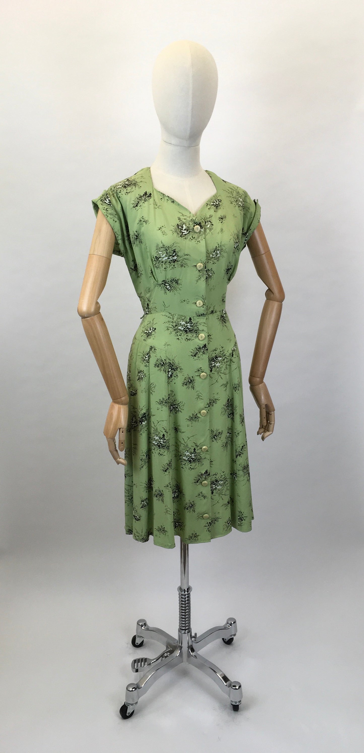 Original Late 1940’s ‘ St. Michael’ Cotton Day Dress - In a Beautiful Green and Black Stencilled Floral Print
