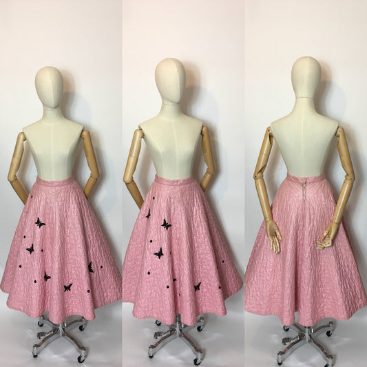 Original Darling 1950's quilted full circle skirt - In a Cute pink featuring black embelished Butterflies