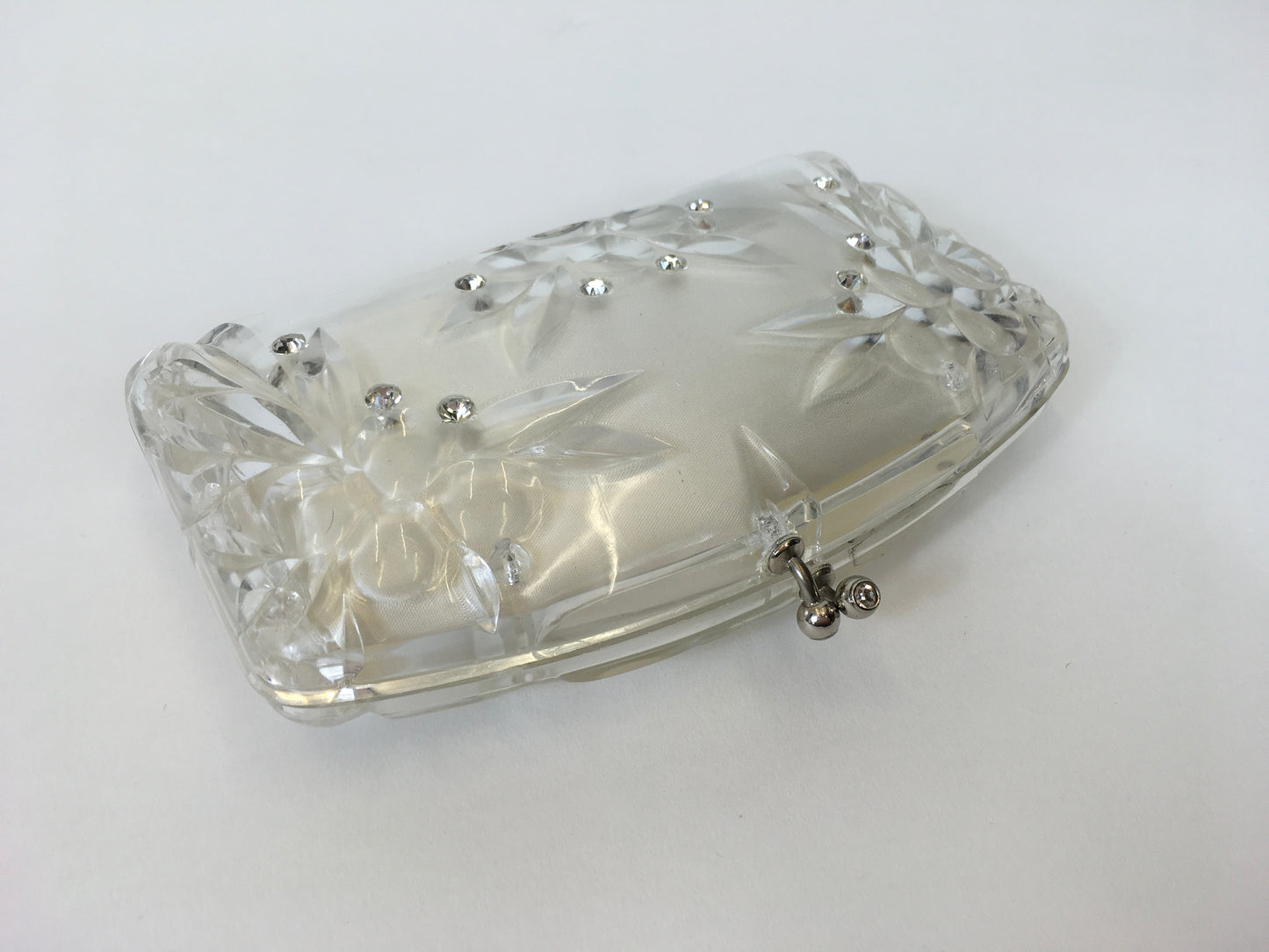 Original 1950’s Clear Lucite Clutch Bag - With Carved Floral And Rhinestone Embellishments