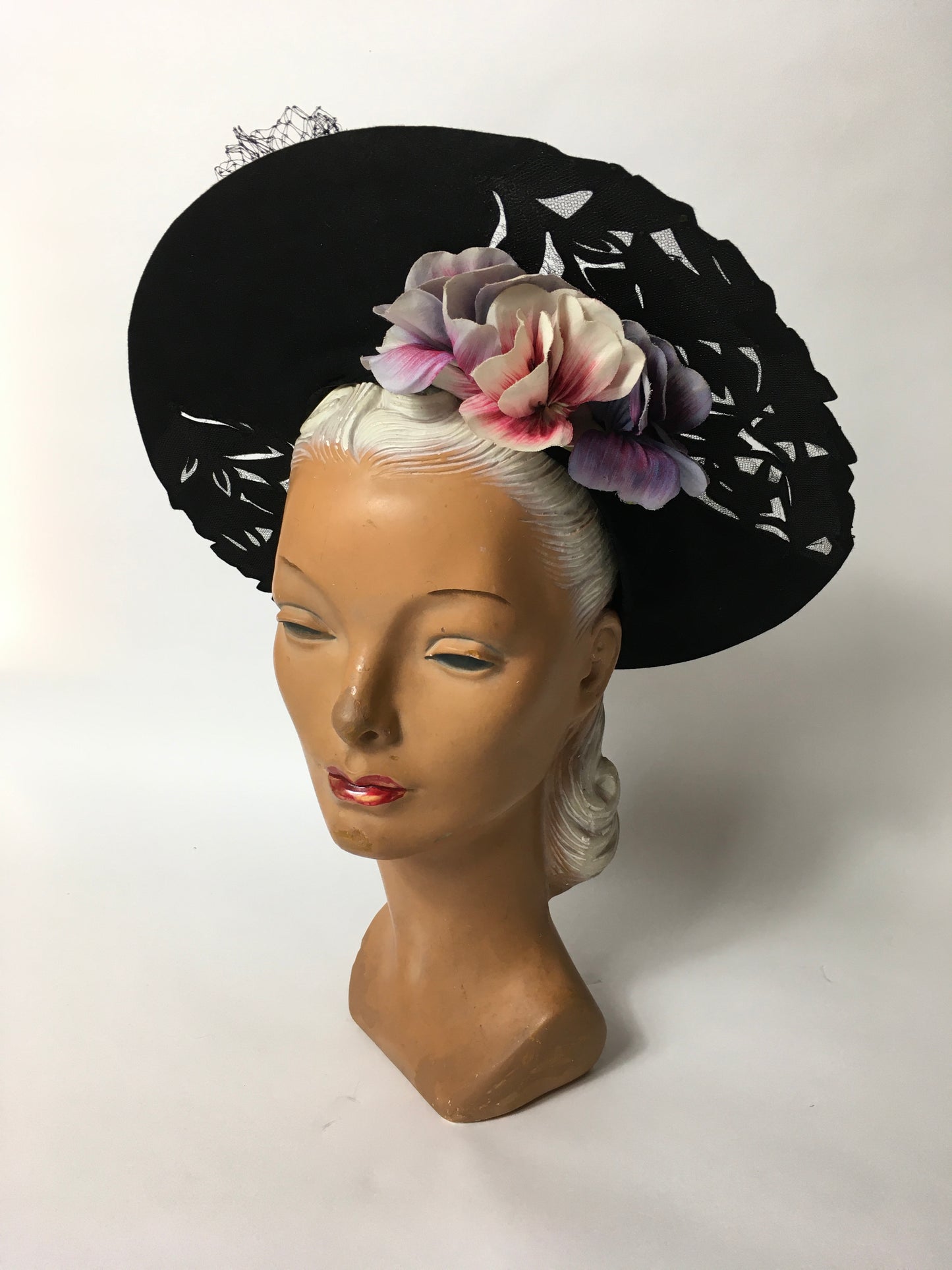 Original 1940’s Black Halo Hat - Illusion cutwork detailing and Floral Adornment