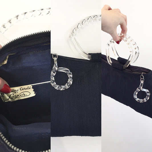 Original 1940’s STUNNING Navy ‘ Corde’ Handbag - With Twisted Lucite Double Handle and Chunky Pull