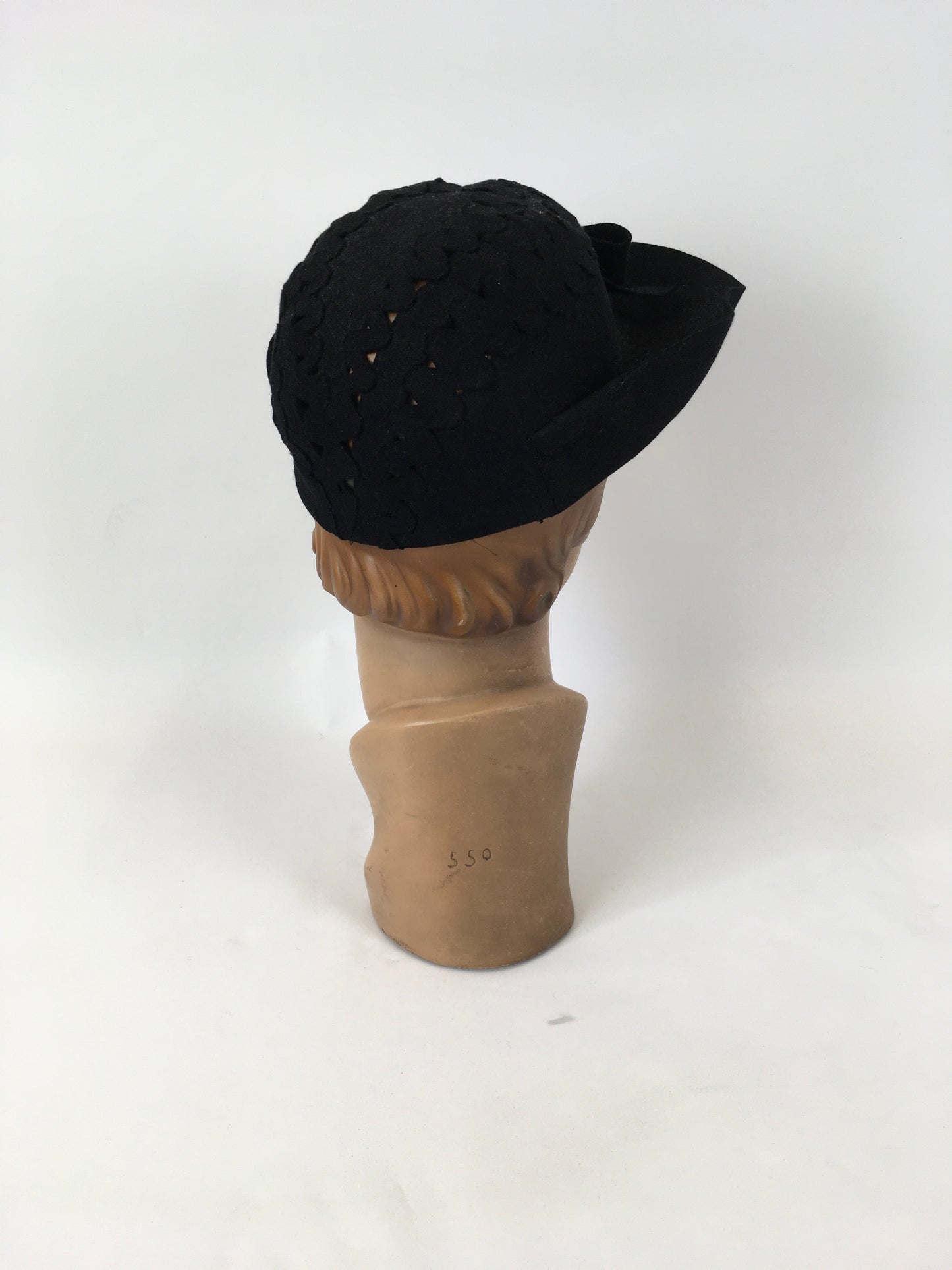 Original 1930’s Exquisite Black Hat with Cutwork Detailing & Bow - By ‘ Swan & Edgar Piccadilly ‘