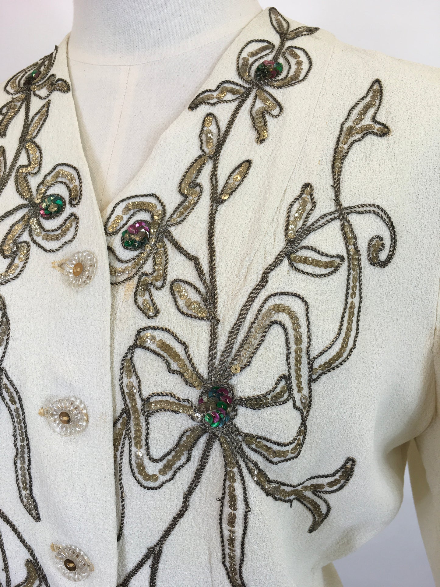 Original 1940s STUNNING Ivory Crepe Blouse - With Beaded And Sequinned Embellishment