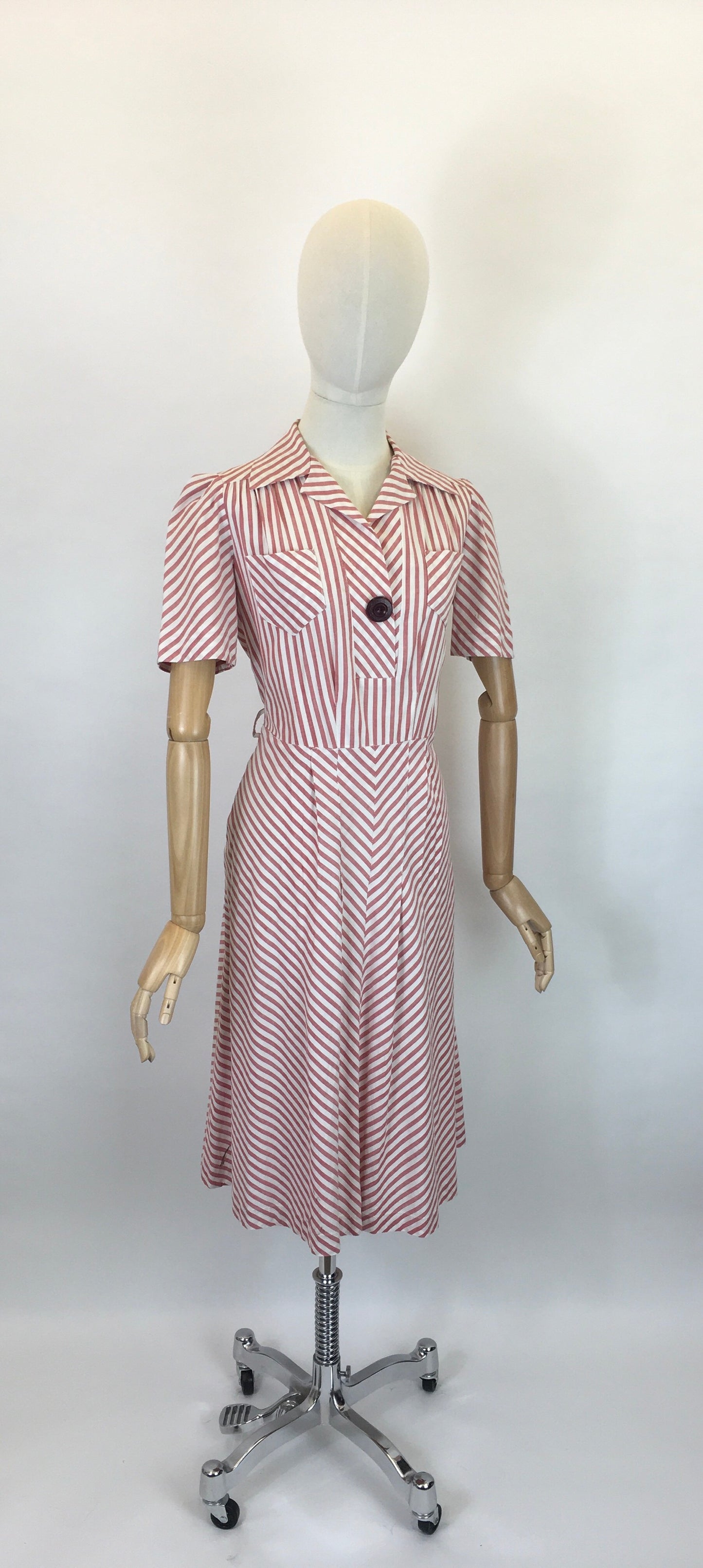 Original 1940s Darling Cotton Day Dress - In A Beautiful Pale Cranberry & White Stripe