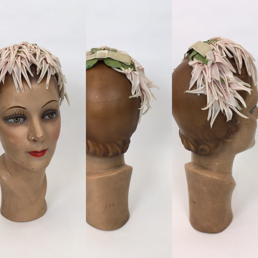 Original 1950s Velvet and Floral Headpiece - In a Delicate Pallet of Soft Pinks, Pale Ivory and Green