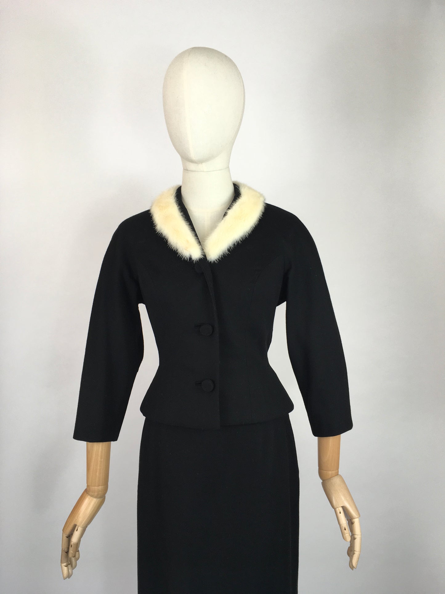 Original Early 1950s 2pc Suit with an Amazing Silhouette  - In a Lovely Black Wool with Contrast White Mink Fur Trim