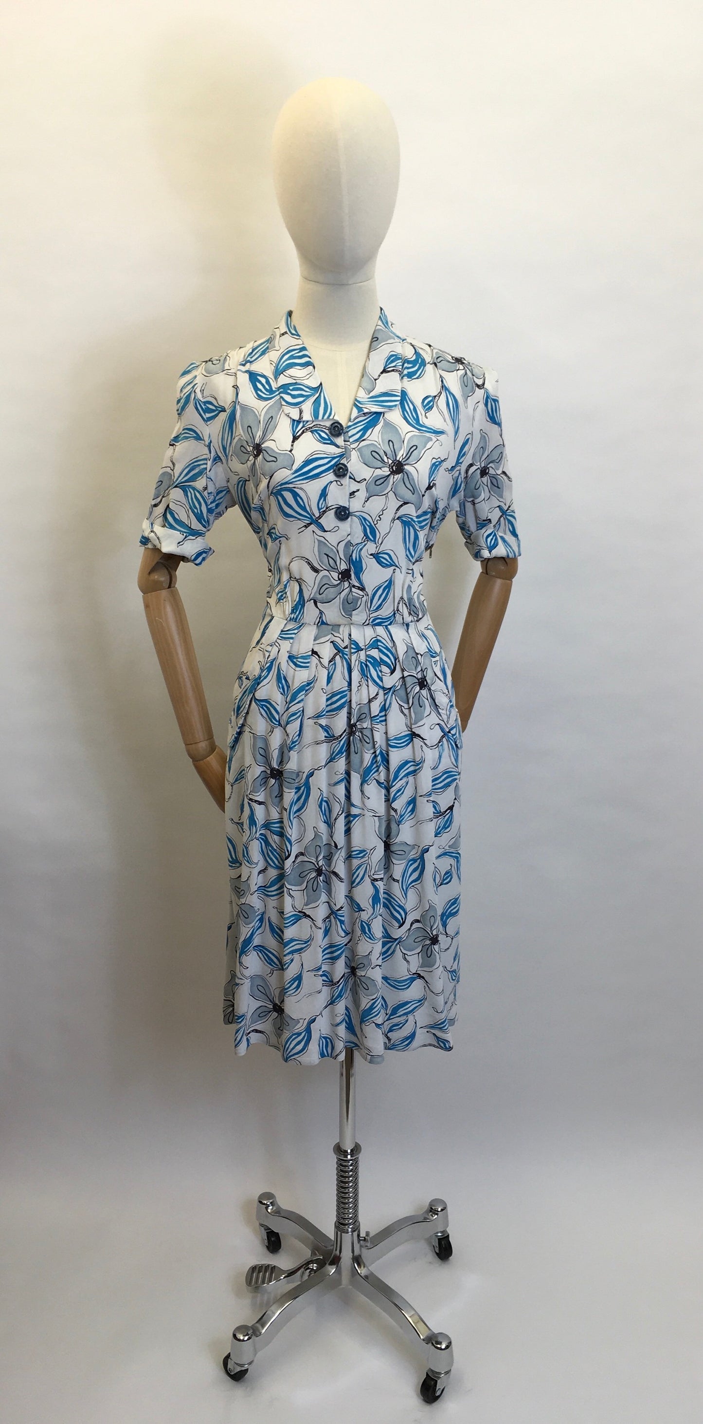 Original 1940’s Crepe Day Dress - Lovely Stencilled Floral in Blues, Blacks and Slate Greys