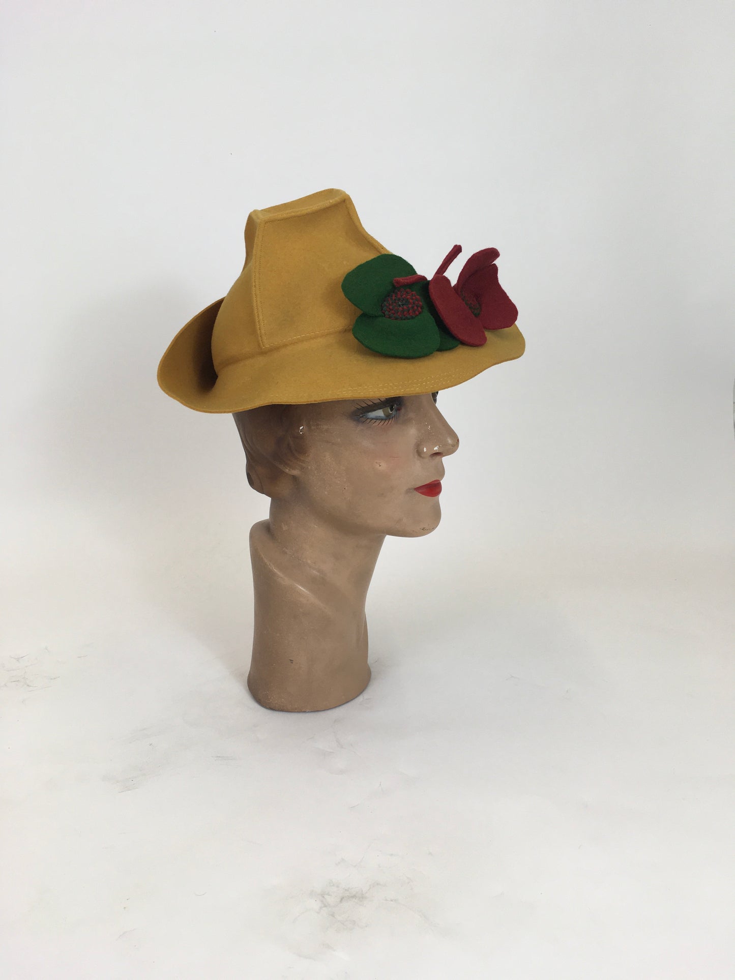 Original 1940's Sensational Fedora - In Mustard With Red And Green Florals
