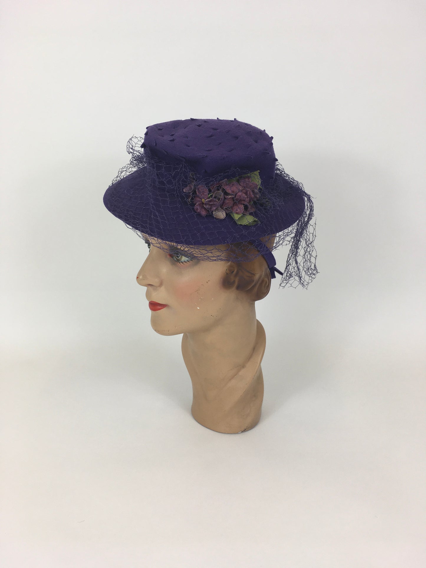 Original 1940’s SENSATIONAL Cadbury Purple Felt Topper Hat - With Cutwork Detailing, Millinery Flowers and Veiling