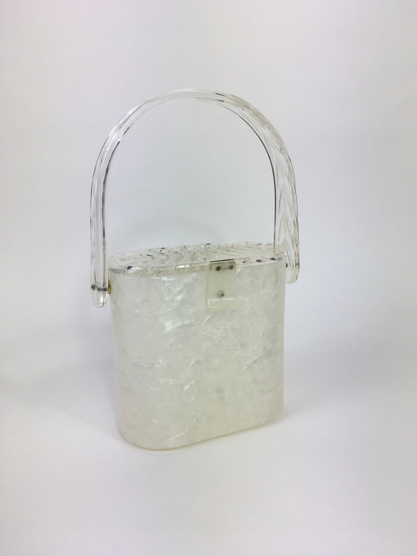 Original 1950s Lucite Handbag - White Marbled Base and Clear Leaf Design Lucite Lid and Handle