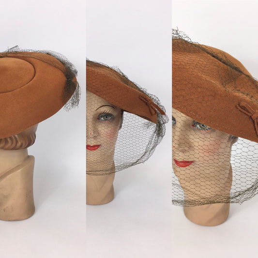 Original SENSATIONAL 1940’s Cinnamon Platter Hat - With Bow and Veiling Detailing