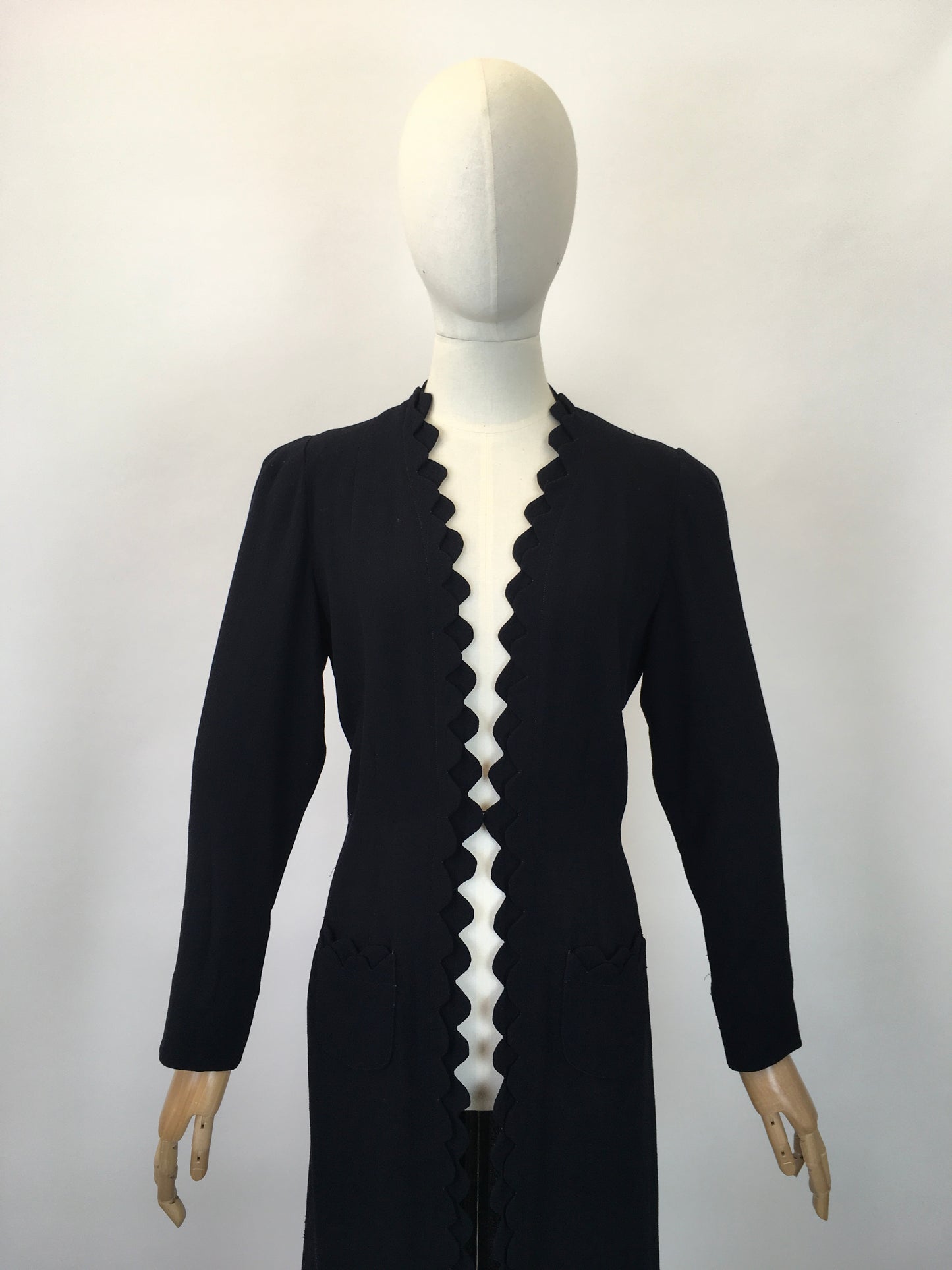 Original 1930's Exquisite Double Scalloped Edge to Edge Overcoat - In A Classic Navy Crepe