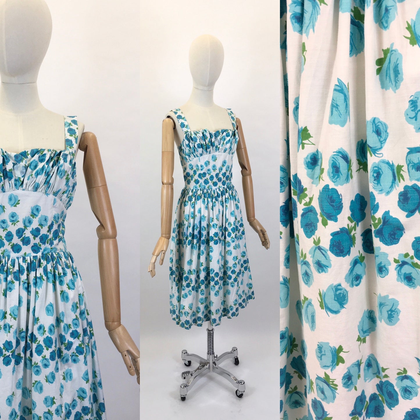 Original 1950’s Gorgeous Sun Dress - In A Beautiful Blue Rose Print Cotton