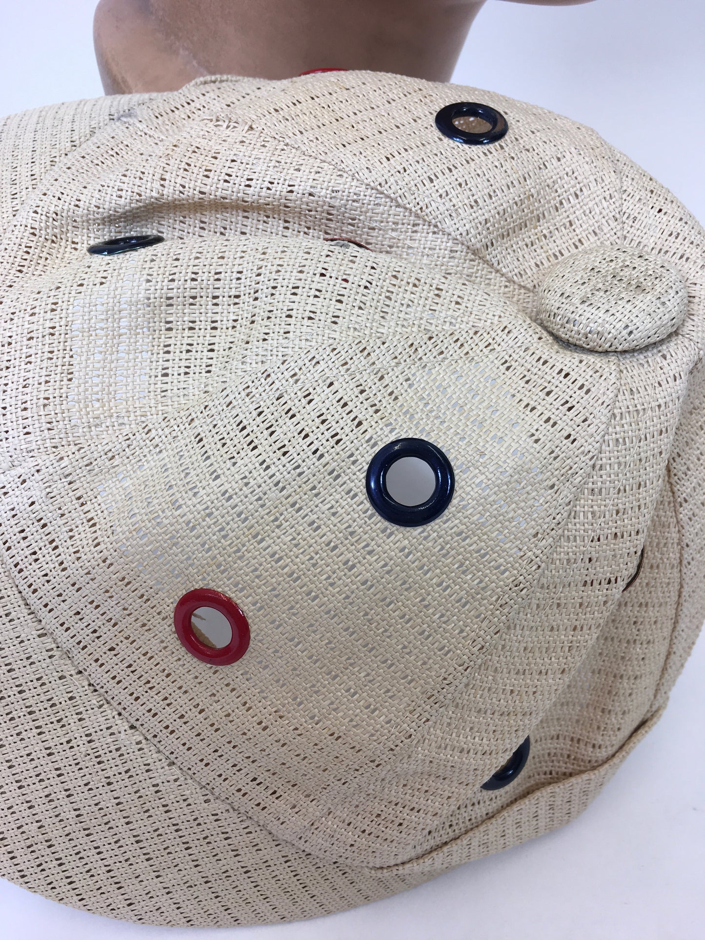 Vintage 1930's Stunning Sports Cap - In A Cream Mesh Fabric With Metal Eyelets in Blue & Red