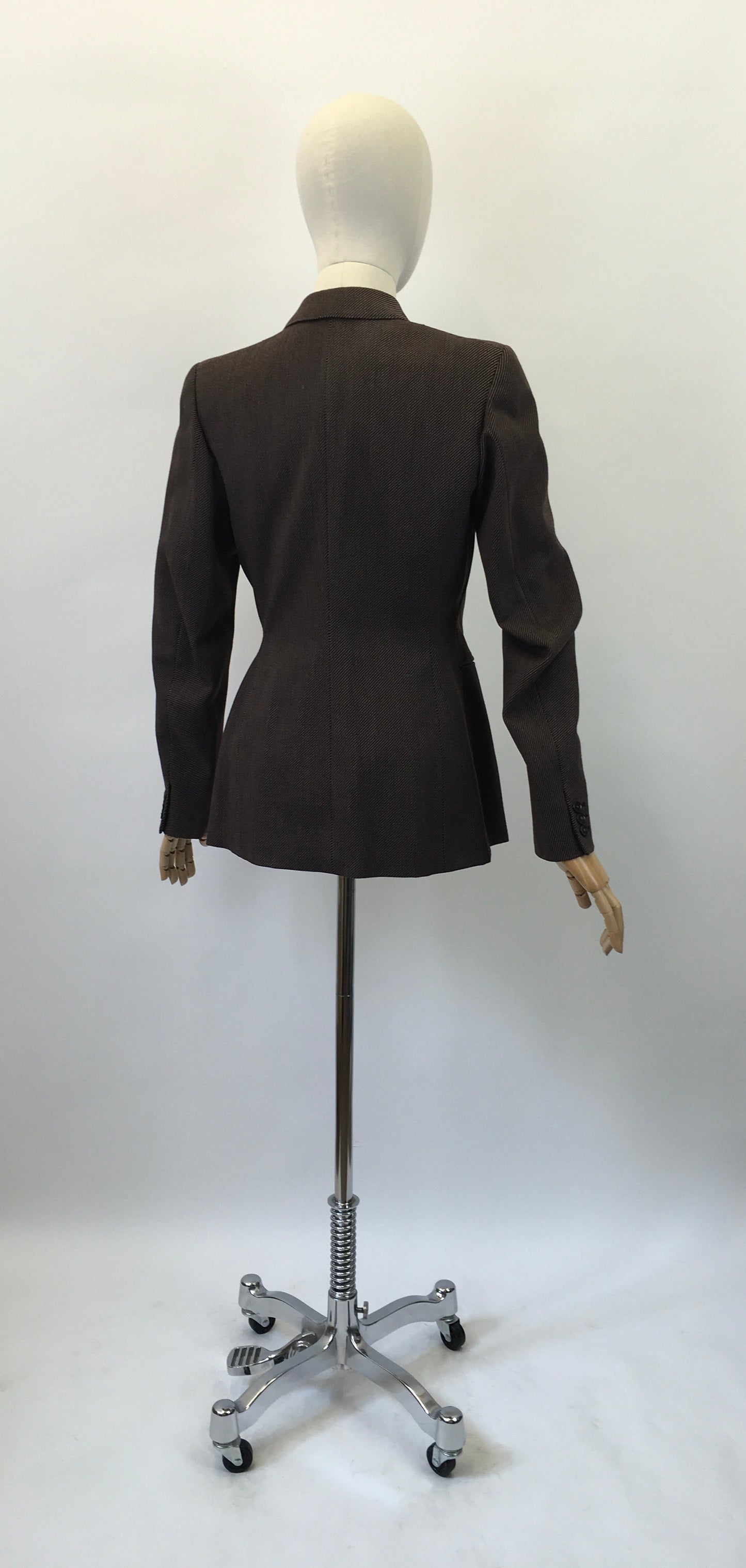 Original 1940's Stunning Longline Jacket in A Chocolate Brown Pinstripe - With Exquisite Details