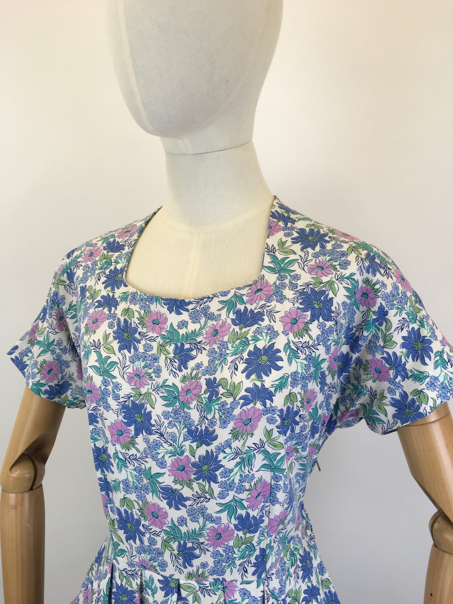 Original 1940’s Gorgeous Floral Cotton Day Dress - In Summertime Blues, Pinks, Purples & Greens